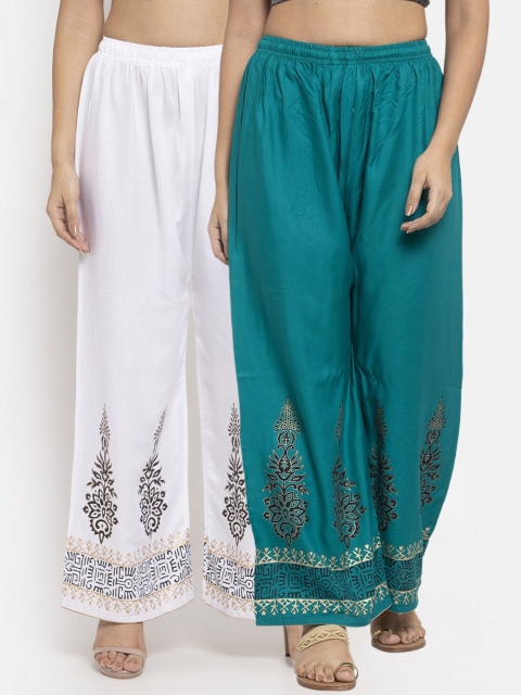 

Clora Creation Women Teal & White Pack of 2 Floral Printed Knitted Ethnic Palazzos