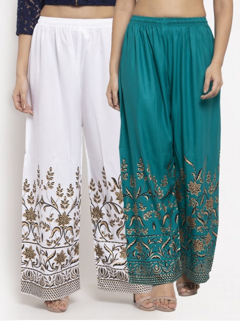

Clora Creation Women Pack of 2 White & Teal Floral Printed Knitted Ethnic Palazzos