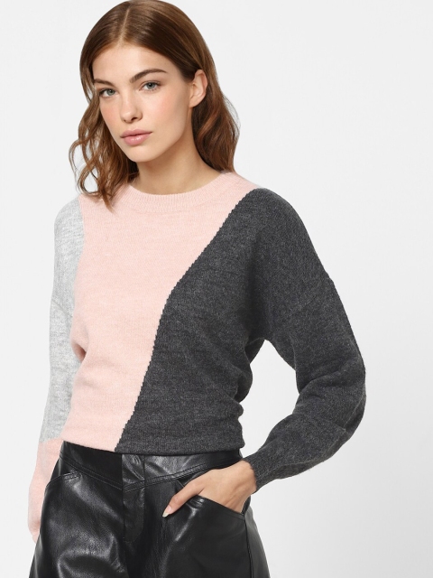 

ONLY Women Pink & Black Colourblocked Pullover