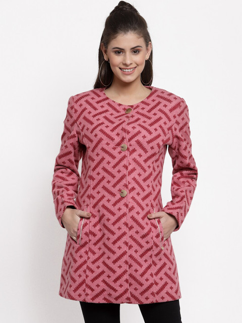 

Juelle Women Peach & Maroon Self Design Single-Breasted Slim-Fit Overcoat