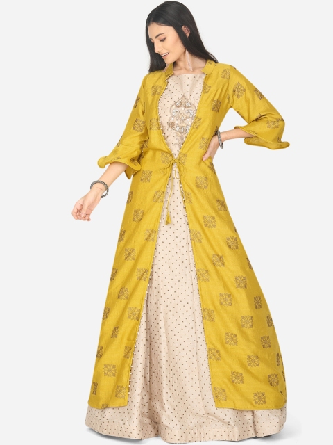 

BOMBAY SELECTIONS Off White & Yellow Satin Maxi Dress with Jacket