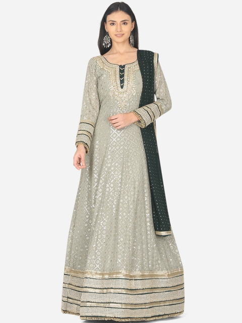 

BOMBAY SELECTIONS Green Embellished Georgette Ethnic Maxi Dress With Dupatta
