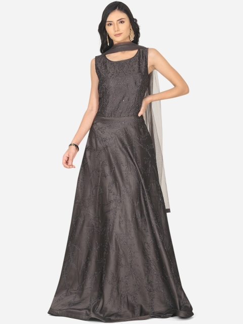 

BOMBAY SELECTIONS Black Floral Embroidered Satin Ethnic Maxi Dress with Dupatta