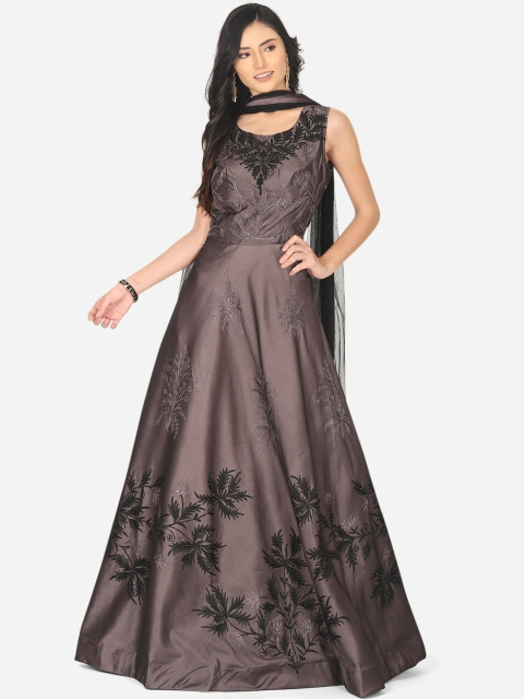 

BOMBAY SELECTIONS Brown Embellished Satin Ethnic Maxi Dress with Dupatta