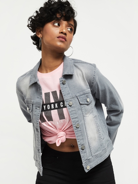 

max Women Grey Washed Denim Jacket