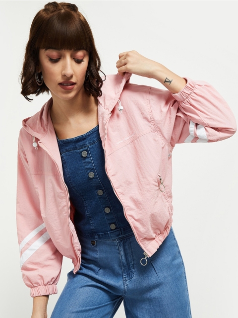 

max Women Pink Solid Hooded Bomber Jacket