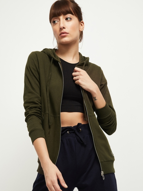 

max Women Green Pure Cotton Hooded Bomber Jacket