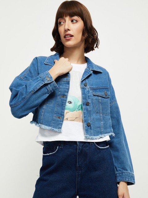 

max Women Blue Washed Cotton Crop Denim Jacket