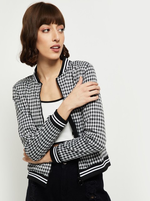 

max Women White Black Checked Crop Tailored Jacket