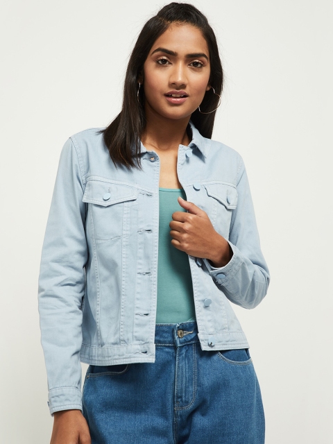 

max Women Blue Crop Denim Jacket with Embroidered