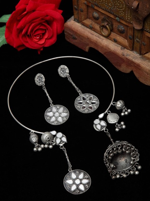 

Moedbuille Silver Plated White Stone Studded Tasselled Oxidised Handcrafted Jewellery Set