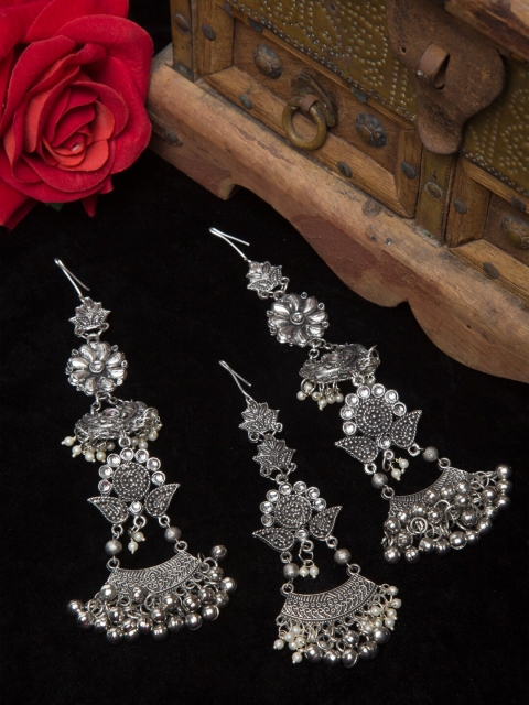 

Moedbuille Silver Plated Ghungroo & Stones Studded Oxidised Earrings & Maang Tika Set