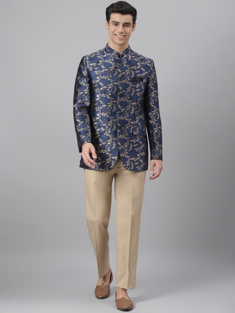 

Hangup Men Navy Blue & Gold Printed Two-Piece Bandhgala Party Suit