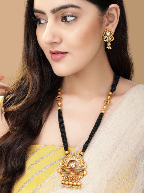 

Rubans Gold Plated Black Studded Temple Mangalsutra & Earring Set