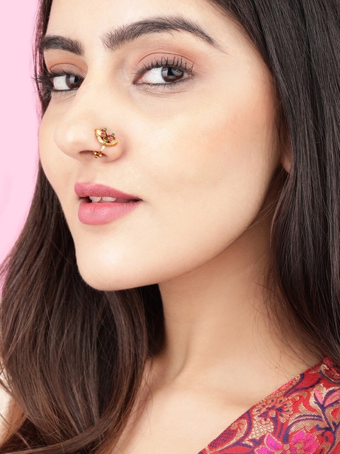 

Rubans Pink & Green Toned & Gold-Plated Kundan-Studded Clip On Nosepin
