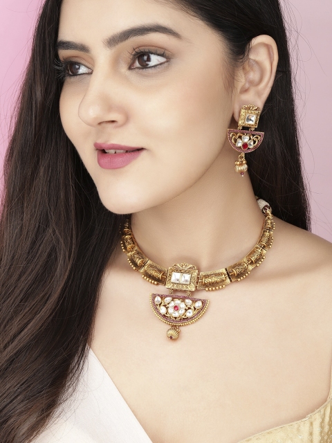 

Rubans Gold Plated White & Red Studded Jewellery Set