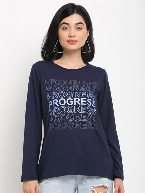 

Kanvin Women Navy Blue Typography Applique T-shirt