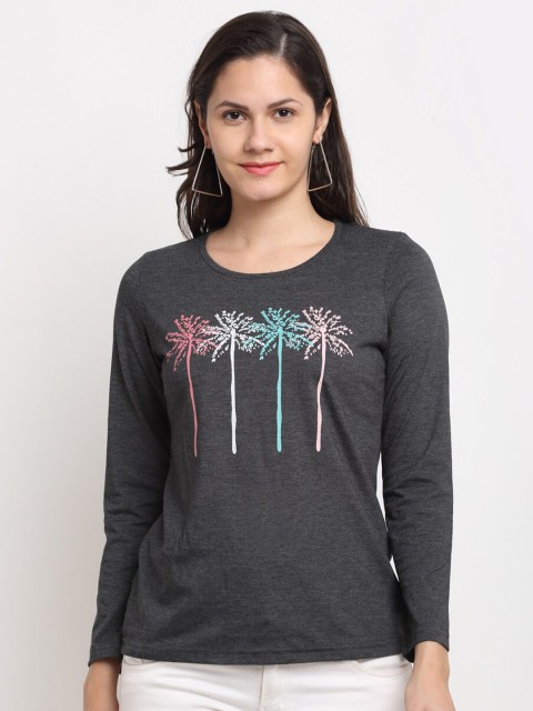 

Kanvin Women Charcoal Grey & Pink Printed T-shirt