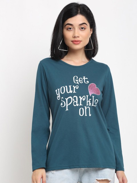 Kanvin Women Green Typography Printed T-shirt