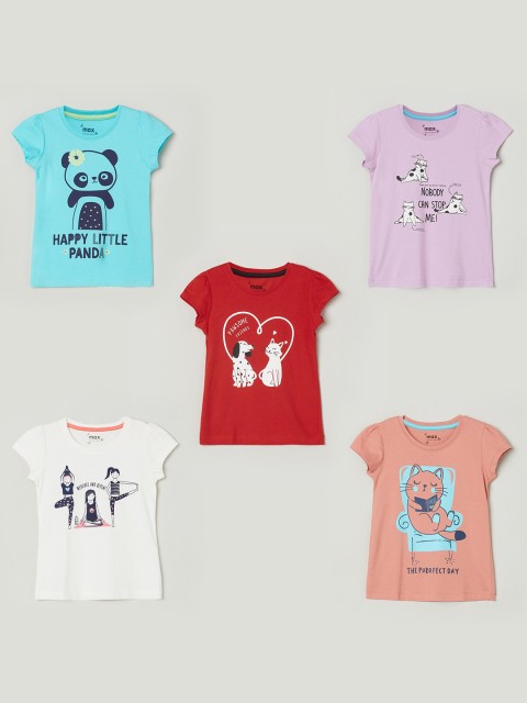 

max Girls Pack of 5 Printed Cotton T-shirts, Red