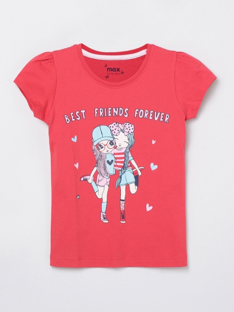 

max Girls Red Blue Printed Puff Sleeves Pure Cotton T-shirt