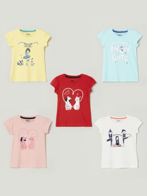 

max Girls Pack of 5 Printed Cotton T-shirts, Red