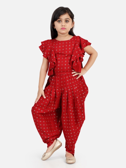 

Ashneeta Girls Maroon & Silver-Toned Printed Top with Dhoti Pants