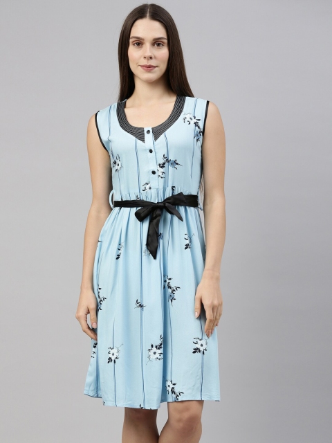 

GOLDSTROMS Blue Floral Printed Nightdress With Waist Tie-Ups