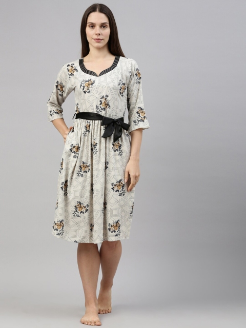 

GOLDSTROMS Women Off White & Brown Floral Printed Regular Nightdress With Robe
