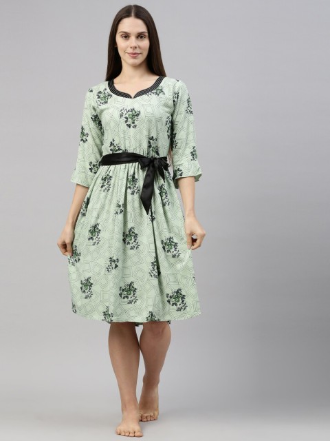 

GOLDSTROMS Women Green & Black Floral Printed Regular Nightdress With Robe