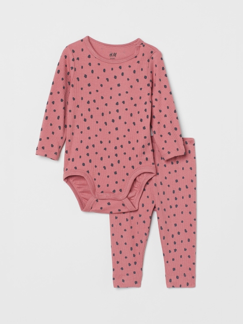

H&M Girls Pink Ribbed Cotton Bodysuit Set