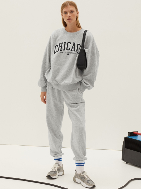 

H&M Women Grey Melange & Black Printed Sweatshirt