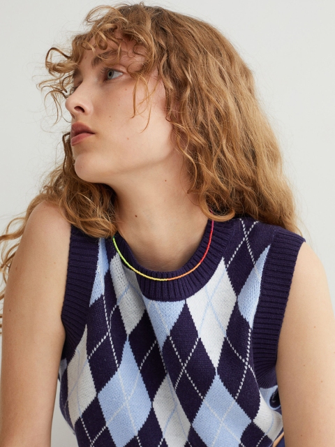 

H&M Women Blue & White Argyle Print Cropped Sweater Vest