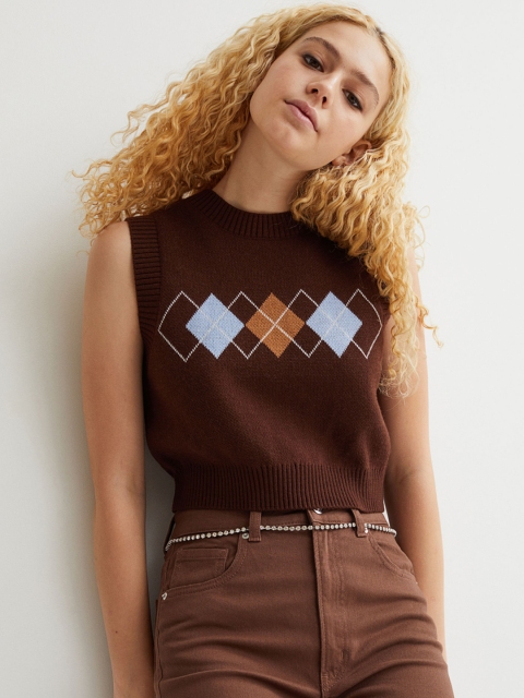 

H&M Women Brown Cropped Sweater Vest