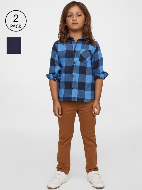 

H&M Boys Navy Blue & Brown Solid naPure Cotton 2-Pack Slim Fit Twill Trousers