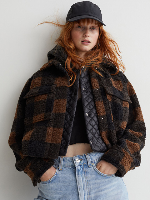 

H&M Women Black & Brown Short Faux Shearling Jacket