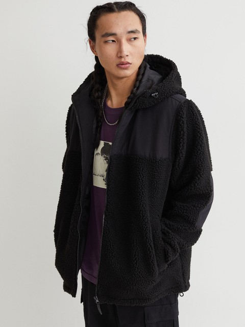 

H&M Men Black Cotton Faux Shearling Jacket