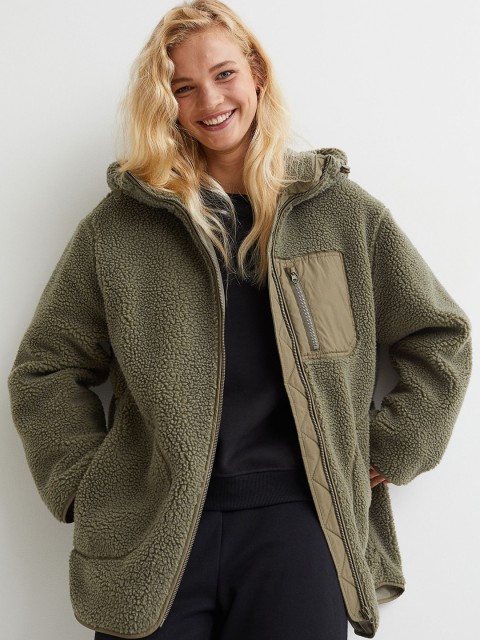

H&M Women Green Hooded Faux Shearling Jacket