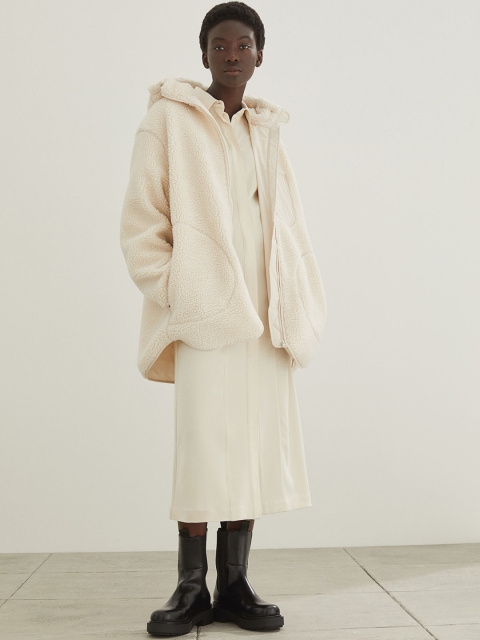 

H&M Women White Hooded Faux Shearling Jacket
