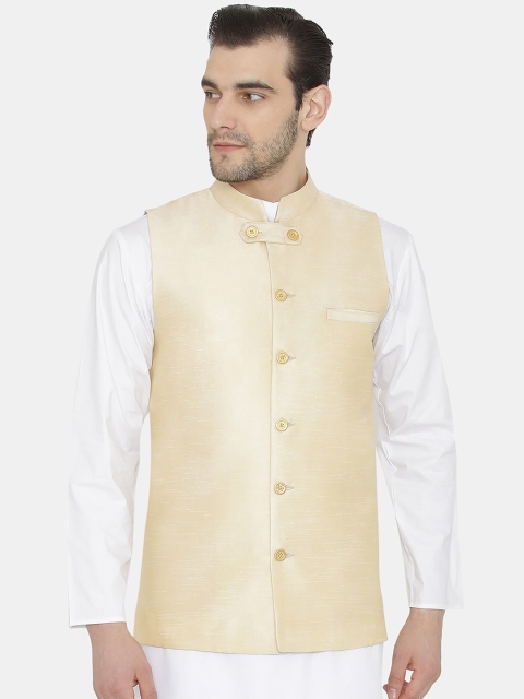 

Raas Men Gold-Coloured Solid Slim-Fit Woven Nehru Jacket