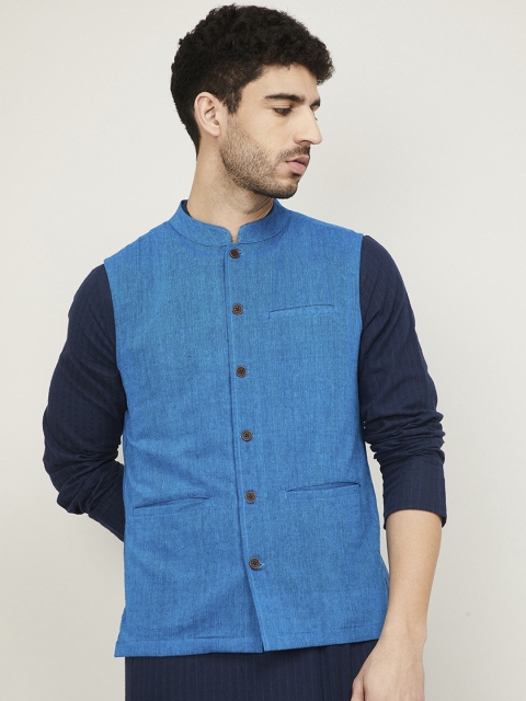 

Melange by Lifestyle Men Blue Woven Design Pure Cotton Nehru Jacket