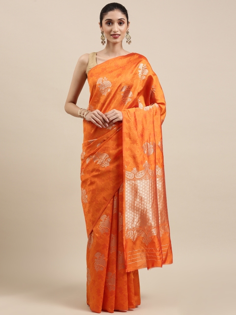 

Indian Women Orange Floral Zari Silk Cotton Kanjeevaram Saree