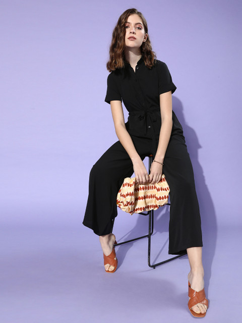 

The Vanca Women Black Solid Boiler Jumpsuit