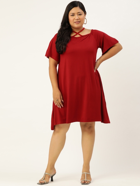 

Revolution Maroon Solid Off-Shoulder A-Line Dress