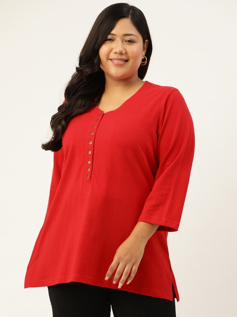 

Revolution Women Red V-Neck Cotton Pure Cotton T-shirt
