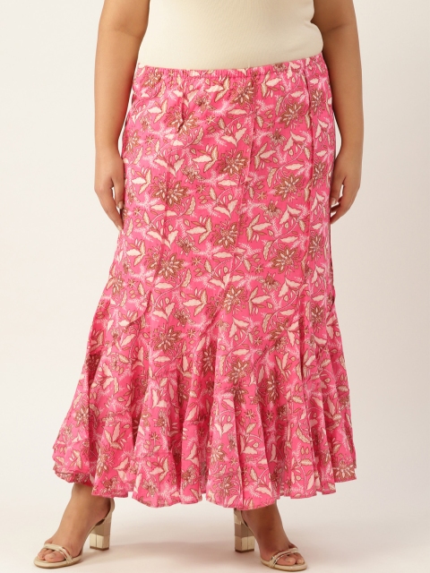 

Revolution Plus Size Women Fuchsia Printed Pure Cotton Pleated Flared Skirt
