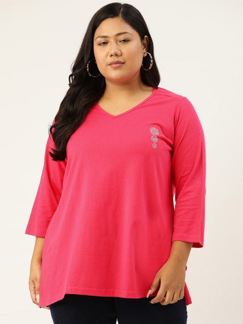 

Revolution Women Fuchsia Pink Solid V-Neck Cotton Pure Cotton T-shirt