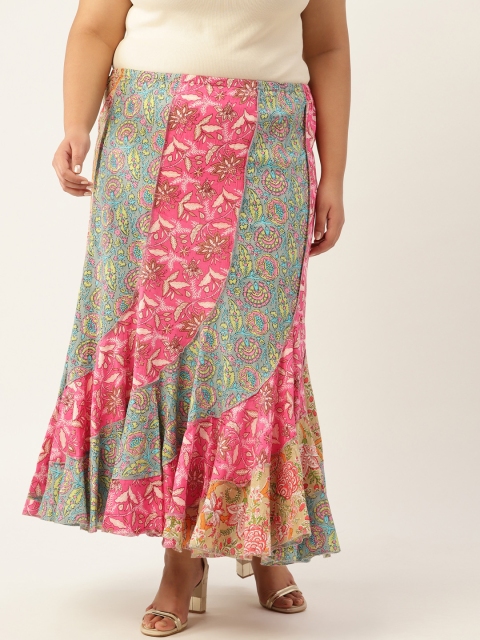 

Revolution Plus Size Women Green Floral Print Pure Cotton Pleated Flared Skirt