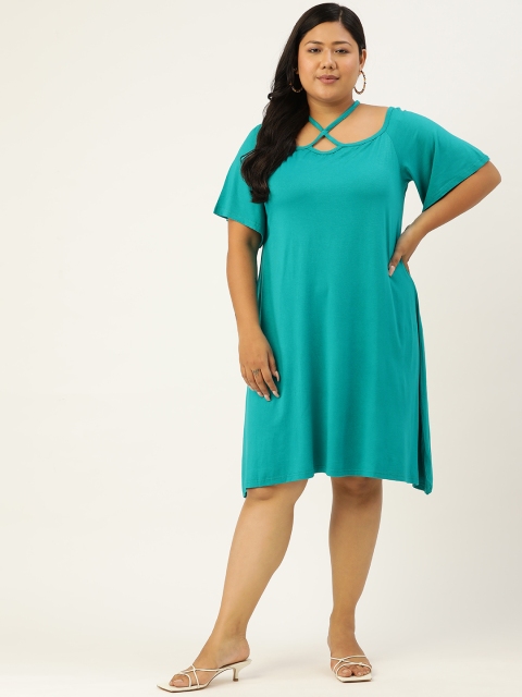 

Revolution Turquoise Blue Solid Off-Shoulder A-Line Dress
