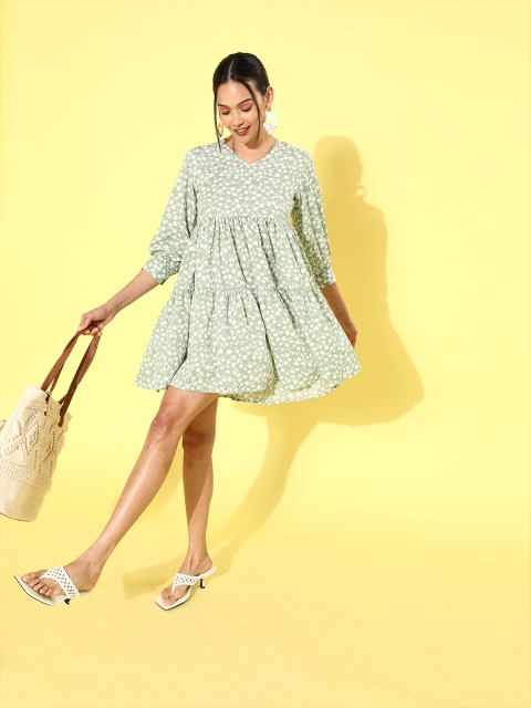 

The Vanca Green & White Floral Print Tiered Dress